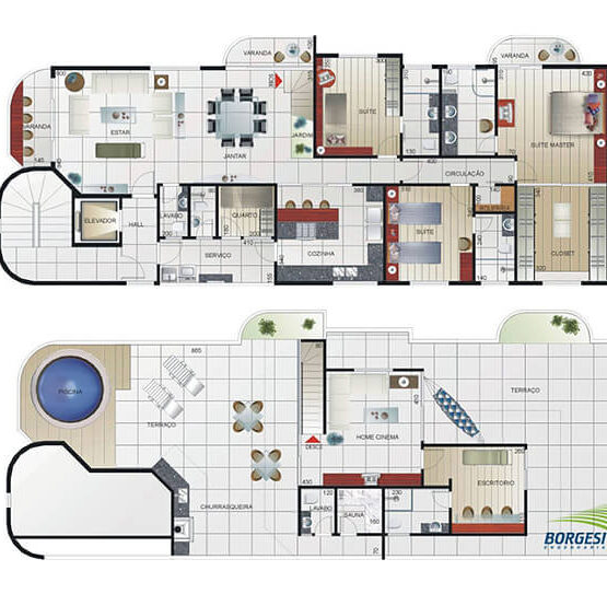 Edifício Vivaldi - Entrada Planta Cobertura Apto 601, cobertura de 344 m² com 04 suítes, closet, sauna e SPA.